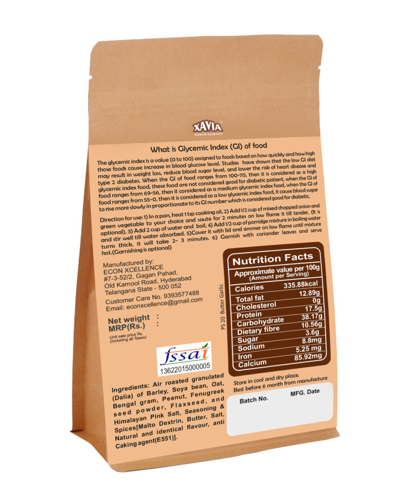 Xavia Glyso Porridge PS 20 I Butter Garlic I Low Glycemic Ingredients I Diabetes Friendly I Natural ingredients – 400gm - Image 3